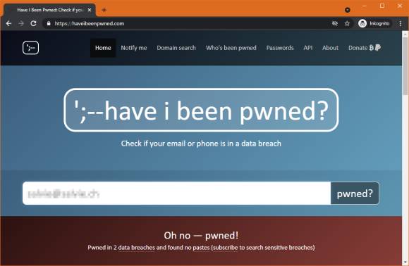 Screenshot, Have I been pwned wurde fündig