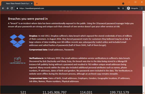 Screenshot Have I been pwned erklärt die Fundstellen