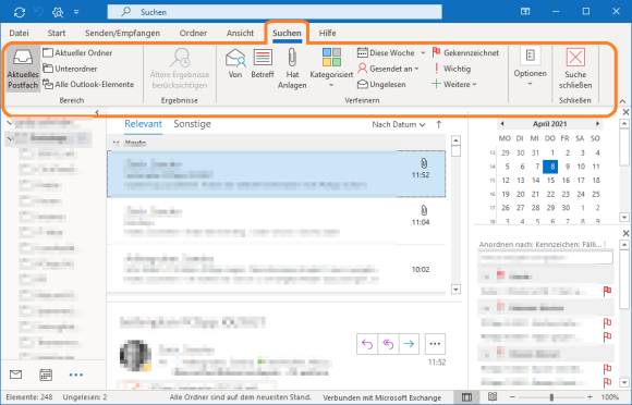 Screenshot Outlook mit Suchen-Reiter 