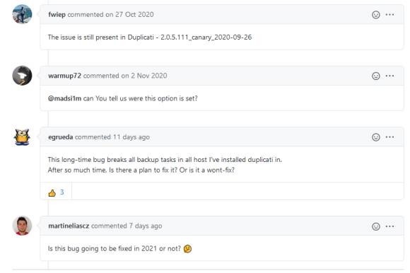 Screenshot Github-Kommentare zum Zeit-Bug in Duplicati 