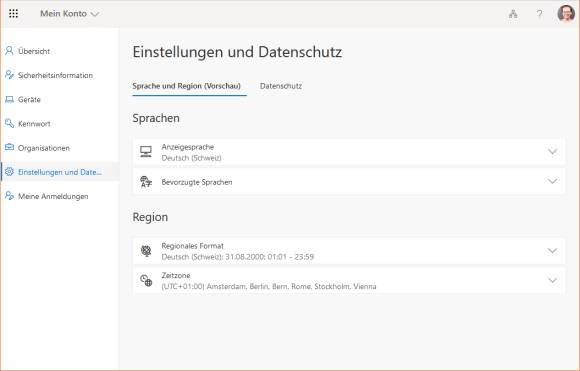 Screenshot OneDrive-Einstellungen, Zeitzone stimmt
