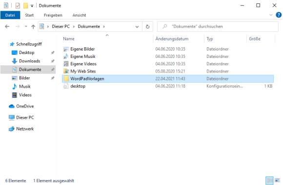 Screenshot Explorer mit neuem Vorlagenordner