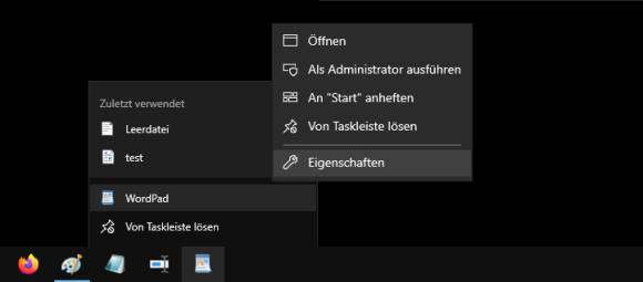 Screenshot WordPad-Verknüpfung in der Taskleiste mit Eigenschaften-Befehl