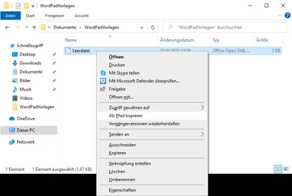 Screenshot Explorer-Kontextmenü mit Befehl Als Pfad kopieren