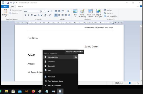 Screenshot Sprungliste der WordPad-Taskleistenverknüpfung
