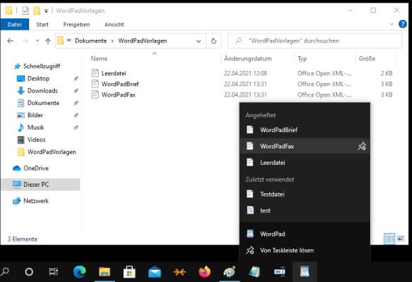 Screenshot angeheftete WordPad-Dateien in der Taskleiste