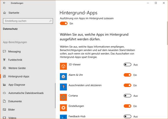 Screenshot Einstellungen der Hintergrund-Apps
