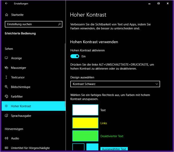 Screenshot Einstellung für hohen Kontrast