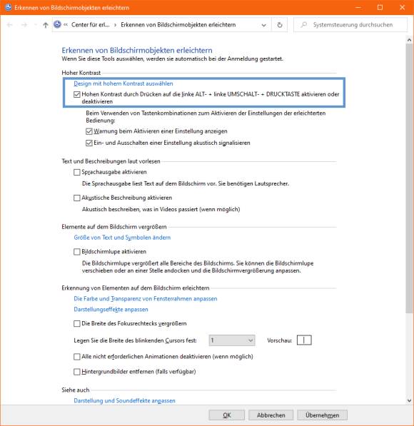Screenshot Einstellung zur Tastenkombination für "Hohen Kontrast"