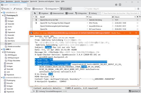 Screenshot Thunderbird Headeranzeige mit Detailangaben vom Spamfilter