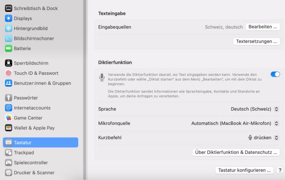 Screenshot zeigt Einstellungen zum Tastenkürzel fürs Diktieren