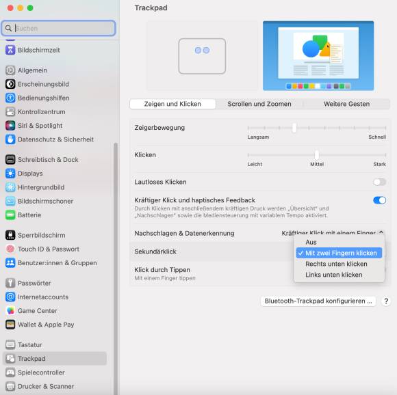 Die Option zum Sekundär-Klick in den Trackpad-Einstellungen
