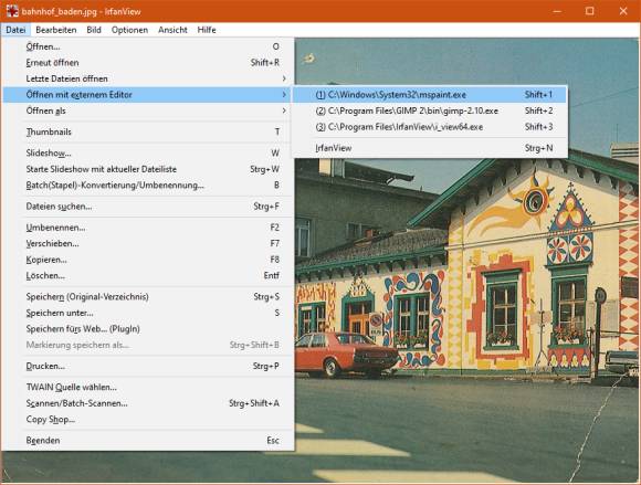 Bild des Bahnhofs Baden in IrfanView mit geöffnetem Datei-Menü