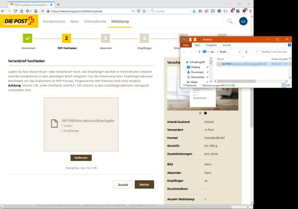 Screenshot Explorer-Fenster mit PDF-Datei neben WebStamp-Seite