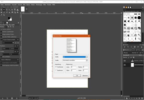 Screenshot Seite-einrichten-Dialog in Gimp