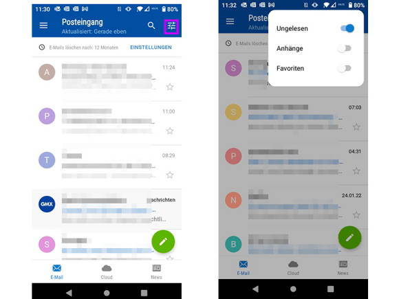 Screenshots aus der GMX-Mail-App