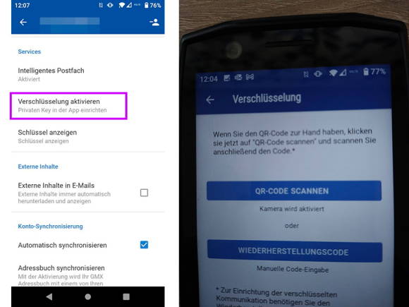 Verschlüsselung in der GMX-Mail-App aktivieren