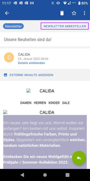 GMX-App: Zusätzliche Schaltfläche, um rascher Newsletter abzubestellen