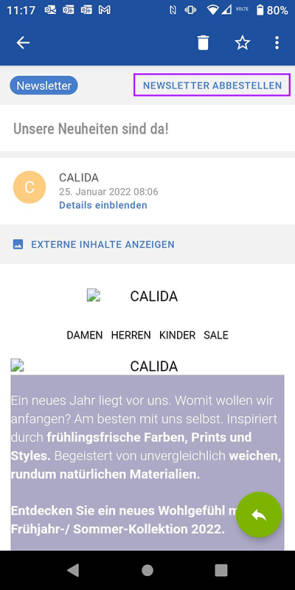 GMX-App: Zusätzliche Schaltfläche, um rascher Newsletter abzubestellen