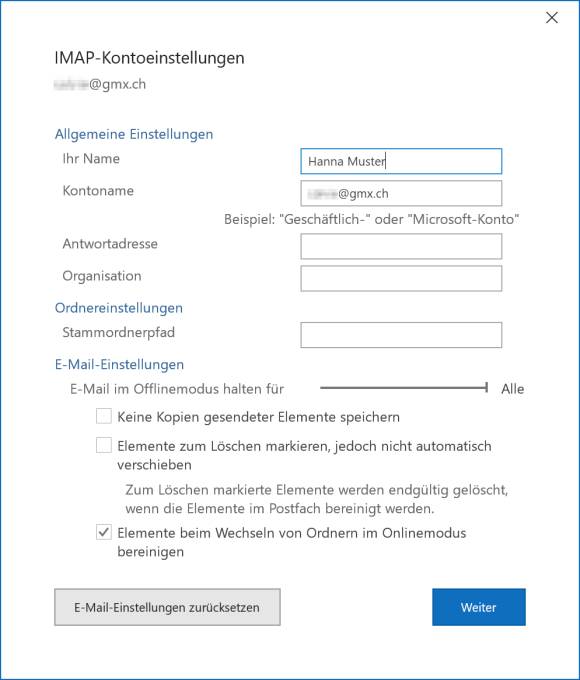 Screenshot Einstellungen fürs Namensfeld