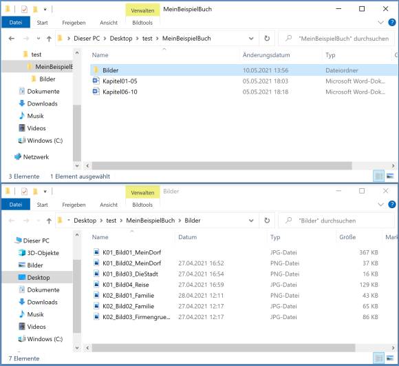 Zwei Explorer-Fenster mit den klar strukturierten Dateinamen