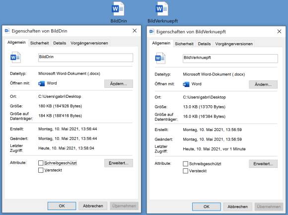 Screenshots Dateieigenschaften zweier Word-Dateien