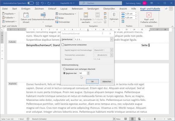 Screenshot Seitennummerierungs-Optionen