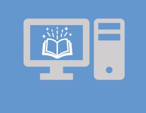 Ein weisses Buch-Symbol in einem grauen Computersymbol auf blauem Hintergrund 