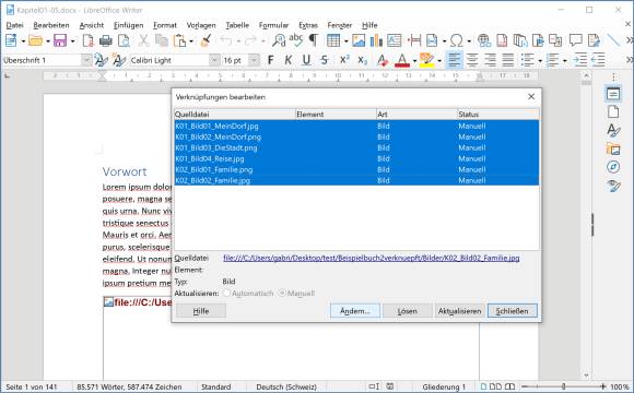 Screenshot Datei im LibreOffice Writer mit Verknüpfungen-Dialog