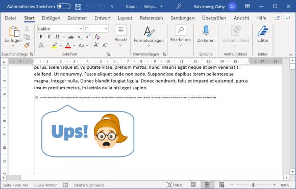 Screenshot falsch verlinktes Bild in Word, mit Sprechblase "Ups!" 