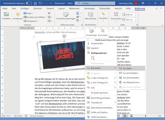 Word-Dokument mit Kontextmenü auf dem eingfügten Bild