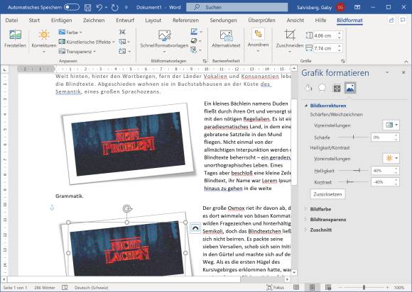 Word-Dokument mit neuem Bild oben und Kopie des alten Bilds unten