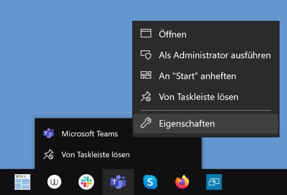 Screenshot Kontextmenü der Teams-Verknüpfung