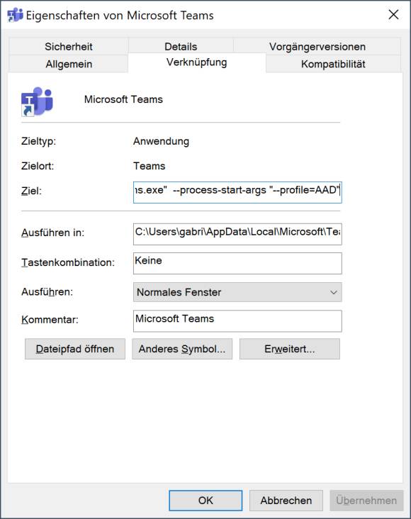 Screenshot Eigenschaften der Teams-Verknüpfung