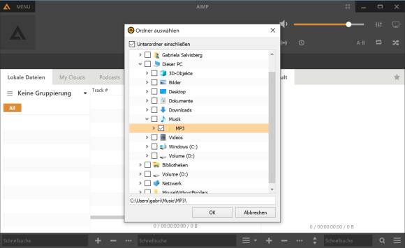 Screenshot AIMP mit Ordnerauswahl