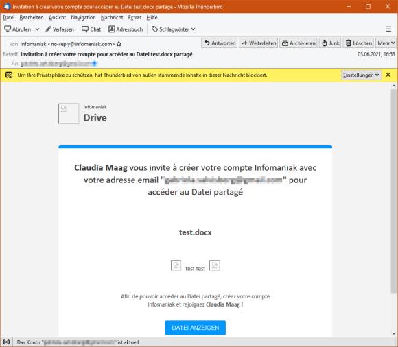 Screenshot der erhaltenen Freigabe-Mail in Französisch