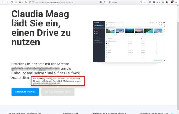 Im Screenshot zu lesen: "Claudia Maag verlangt, dass Sie ein Konto für berufliche Nutzung mit folgender Adresse anlegen"