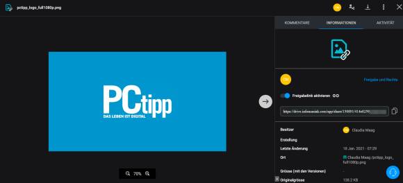 Freigabelink für ein Foto (hier eine Abbildung des PCtipp-Logos) erstellen