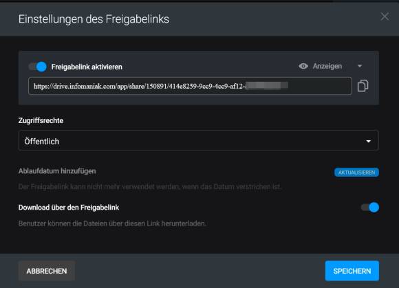 Der Screenshot zeigt das Erstellen eines Freigabelinks