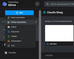kDrive-Menüpunkt zum Importieren einer Datei oder eines Ordners