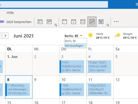 Screenshot Outlook-Wetter mit Befehl Ort hinzufügen