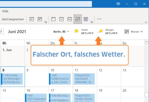 Screenshot Outlook-Kalender mit Wetter-Infos Berlin 