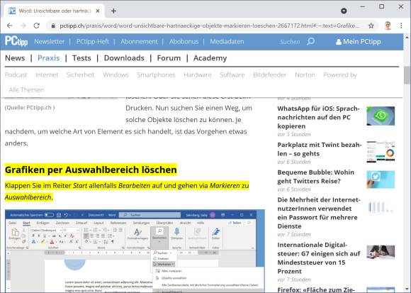 Screenshot gelb markierte Stelle in einem Online-Artikel