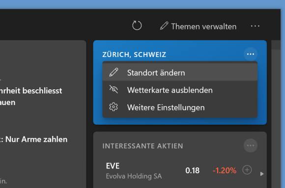 Screenshot mit Wetterkachel-Einstellung