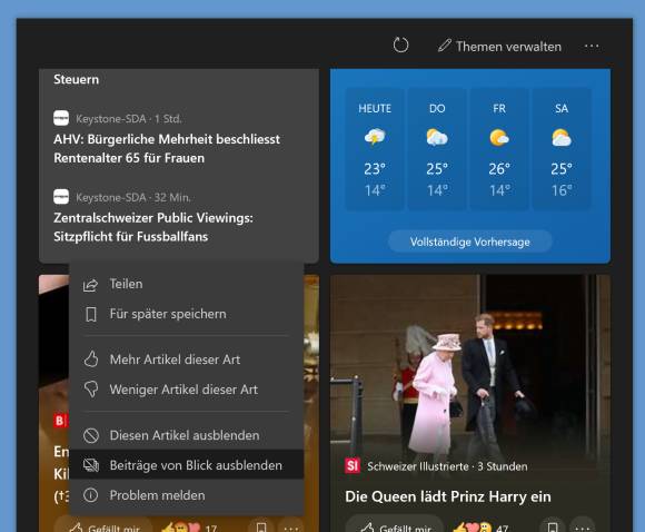 Screenshot Ausblenden einer Newsquelle