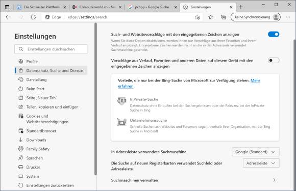 Screenshot Suchmaschineneinstellung in Edge