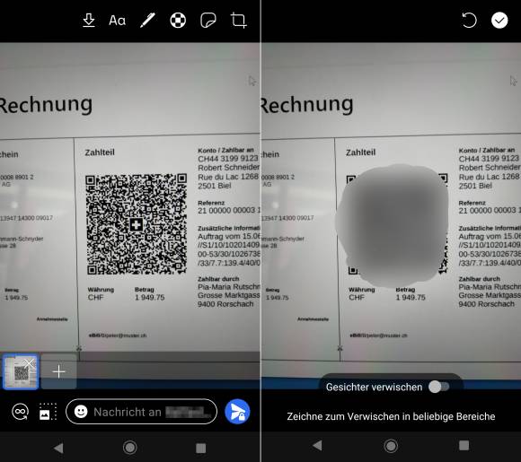 Screenshots Signal beim Verwischen eines QR-Codes