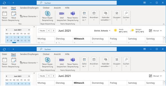 Screenshot Outlook Kalender-Bereich mit und ohne Wetter