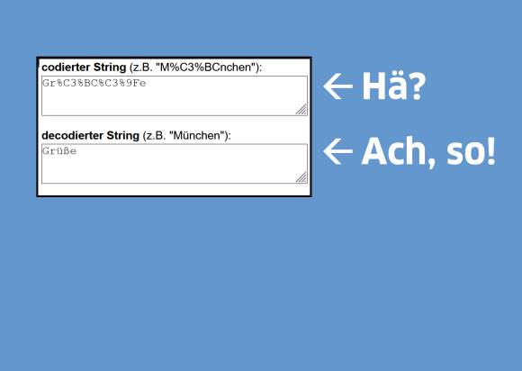 Feld zeigt codiert "Gr%C3%BC%C3%9Fe", darunter decodiert: Grüße 