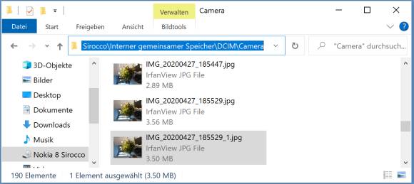 Screenshot Explorer mit Originaldateien auf dem Smartphone